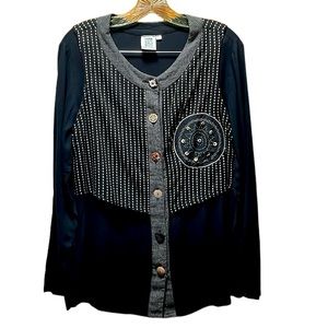 Usindo Embroidered Beaded Button Down BlackTan Blouse with Vest Oversized Size S